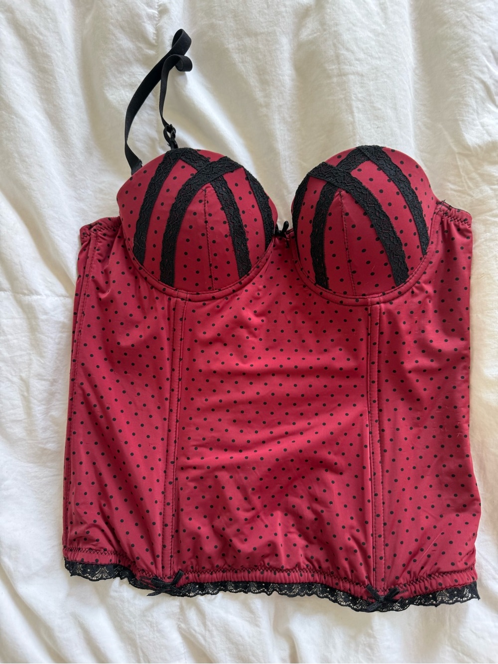 Women’s Red Polka Dot Corset Bustier with Black Lace Trim